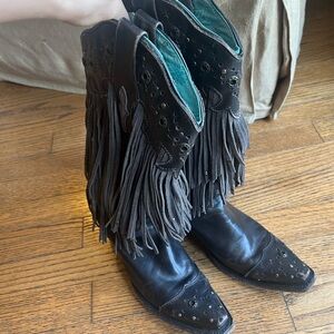 Fringe Detail Black Heeled Boots